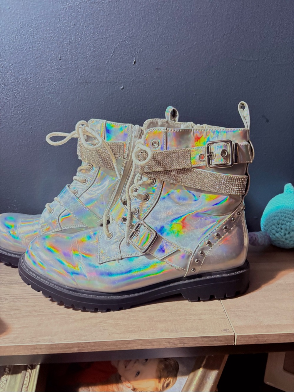 Dolls kill Holographic Combat Boots - Iridescent Silver